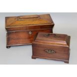 A Victorian rosewood tea caddy of sarcophagus form with vacant three division interior on four bun