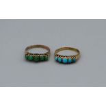 Two gem set gold rings. Comprising a five stone turquoise set ring in 18ct gold, hallmarked for