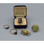 A collection of jewellery. Comprising a "9ct and silver" stamped paste ring, size M; a "9ct +