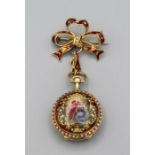 An Edwardian 18ct gold, guilloche enamel and seed pearl set lady's fob watch with 2cm opalescent