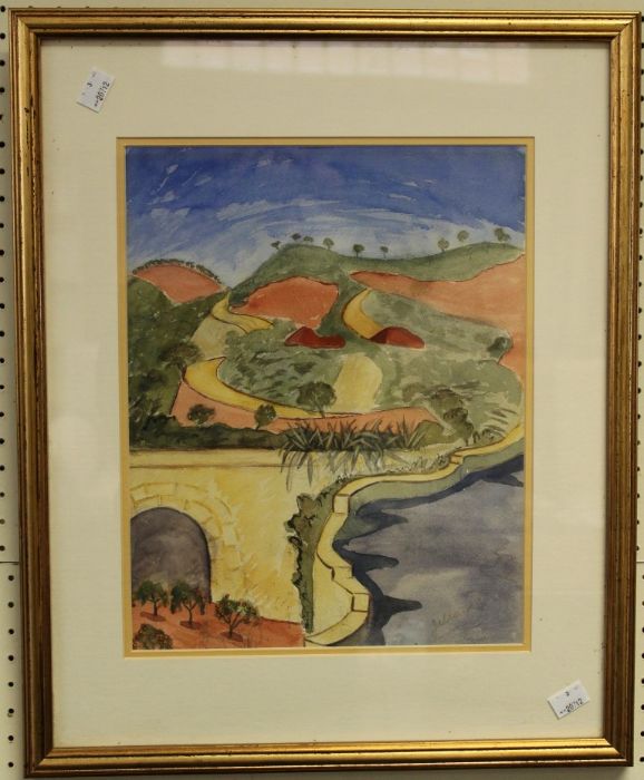 Hilda Jillard ( British 1899-1975) A Mediterranean landscape. Watercolour over pencil, signed