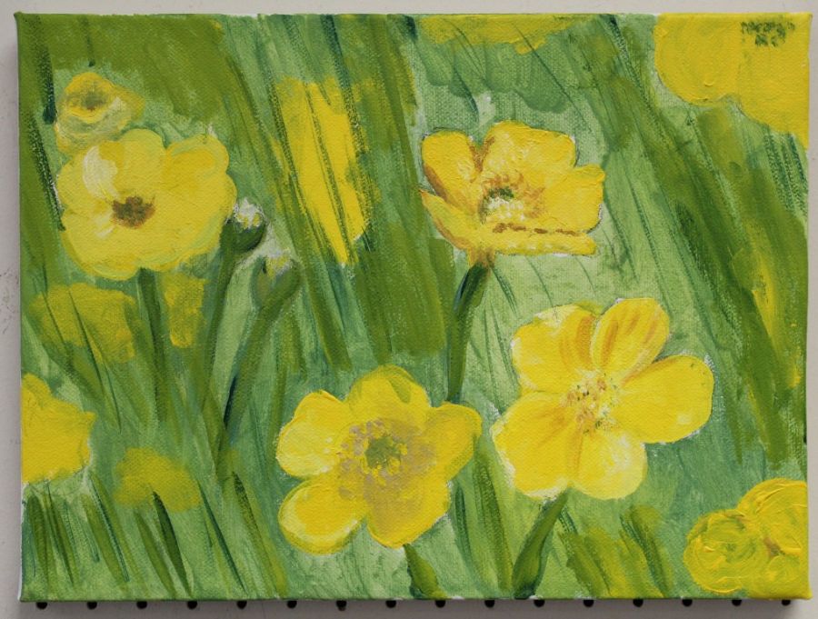 Timothy Onishi (20th century English School) ' Buttercups' . Acrylic on canvas. Titled, signed and