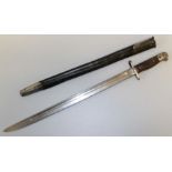 An English First War bayonet, with double fuller steel blade in a stitched leather scabbard. 56.