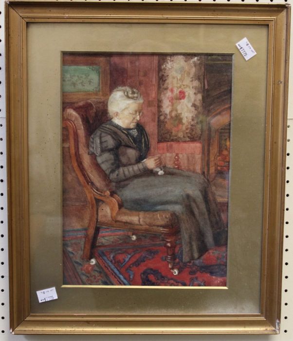 19th century English School, a kindly elderly lady, seated knitting in an interior. Watercolour,