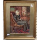 19th century English School, a kindly elderly lady, seated knitting in an interior. Watercolour,