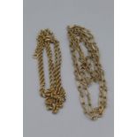 Two chains. A 9ct gold paper clip chain, approximate weight 13.9 grams; along with an unmarked