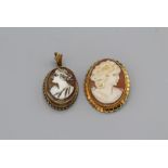 A 9ct yellow gold cameo set brooch, featuring right facing lady in profile, along with a shell cameo