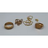 A selection of 9ct gold jewellery featuring a court band (size Z) and a signet ring, with initials