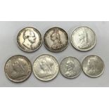 British Milled Silver including William IV 1834 Shilling Victorian 2 x 1887, 2 x 1897 Shillings (