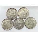 Collection of American Morgan Dollars, includes 1878, 1881o, 1889, 1890 and 1921.