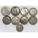 British Pre 20 and Pre 47 milled Silver Coins, includes 1885 & 1887 Halfcrowns, 1887, 1901, 1914,