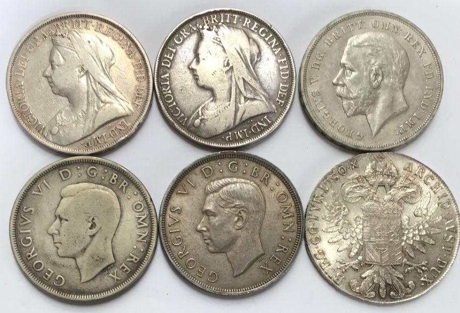Collection of British Crowns of 1893LVI, 1895LIX, 1935, 2 x 1937 and an Austria Maria Theresia S.F