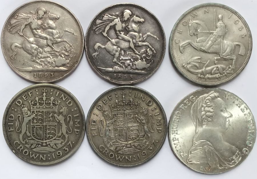 Collection of British Crowns of 1893LVI, 1895LIX, 1935, 2 x 1937 and an Austria Maria Theresia S.F - Image 2 of 2