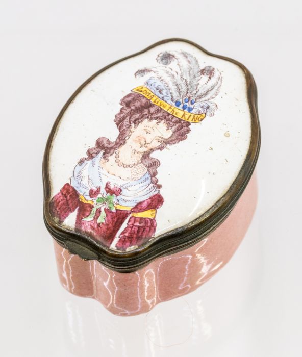 A rare Bilston Enamel Patch Box, c.1770, painted with a lady, her feathered headpiece inscribed '