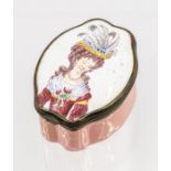 A rare Bilston Enamel Patch Box, c.1770, painted with a lady, her feathered headpiece inscribed '