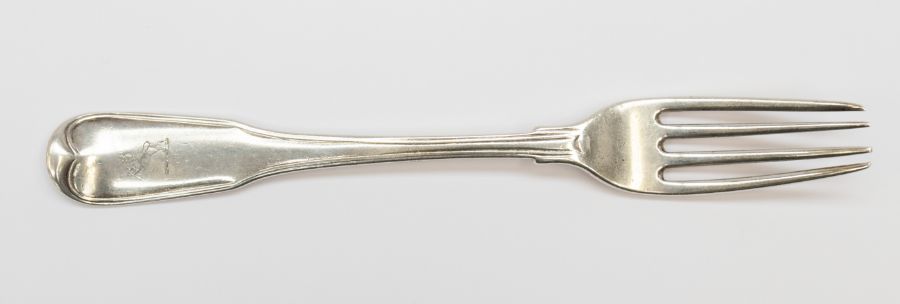A George III silver table fork, the reverse engraved with the crest of Prince Regent, later George