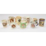 A collection of commemorative mugs and beakers including Royal Dalton Edward VII Coronation