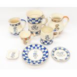 A collection of Crown Ducal art deco jugs, mugs, plates and ashtray, two with orange detail