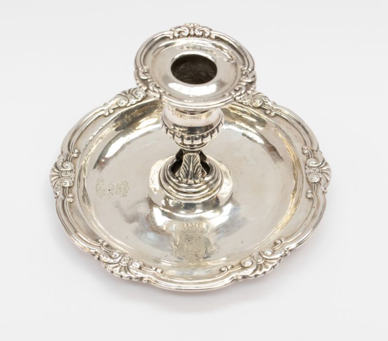 A George III silver chamberstick, the detachable sconce with foliate scrolls, above a waisted and - Image 2 of 9