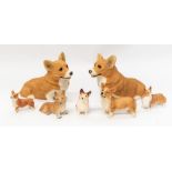 A collection of Sandicast corgi dogs, including two large approx 34cm long, three smaller; and two