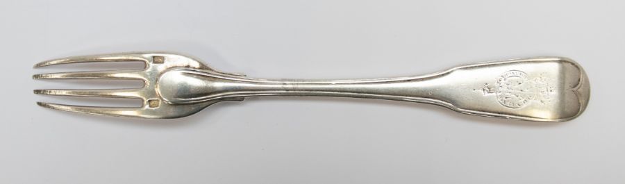 A George III silver table fork, the reverse engraved with the crest of Prince Regent, later George - Image 2 of 4