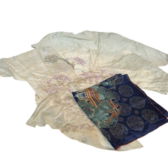 Two early 20th century Chinese silk stoles embroidered with butterflies two evening scarves with F