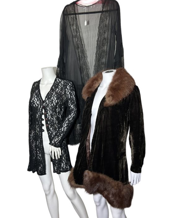 a 1920s/30s brown velvet coat with fur collar and hem, a 1920s drop waist dress in chiffon and