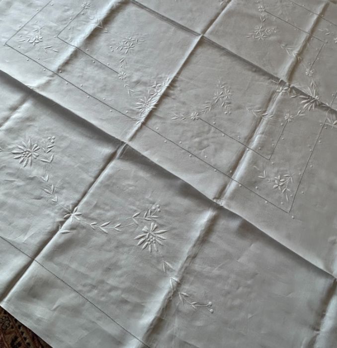 Four cotton and linen bedspreads, late 19th/ early 20th century all hand embroidered to include - Image 6 of 6