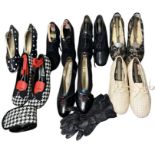 7 pairs of shoes to include 1940s mid heel lace ups 'a gold cross shoe', lace covered 1940s