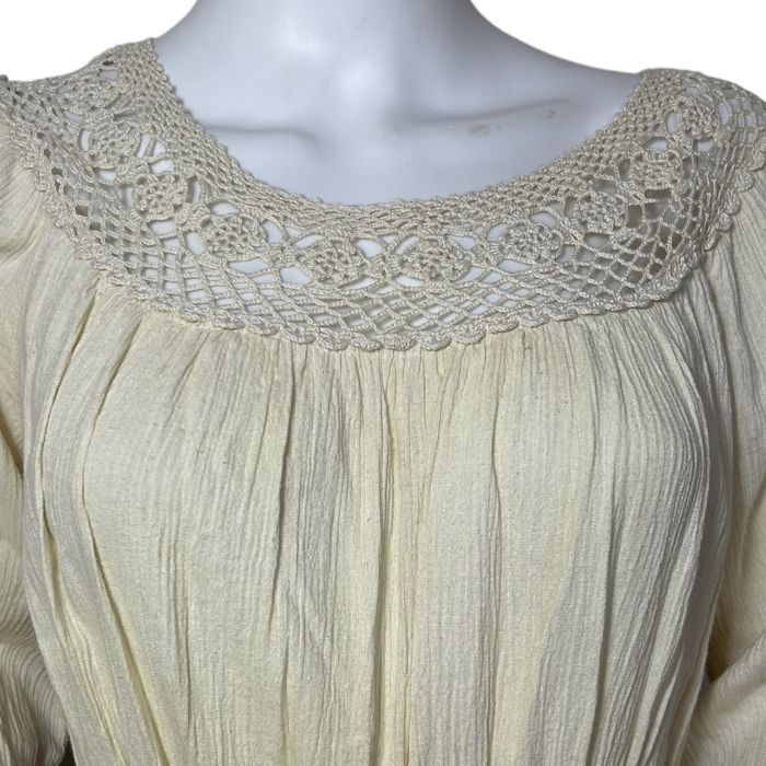 A 1970s Biba blouse in cream silk with guipure lace appliques, a cream cotton cheesecloth dress with - Image 4 of 4