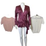6 vintage tops and blouses to include a 50s soft pink sweater with aurora borealis and pearl