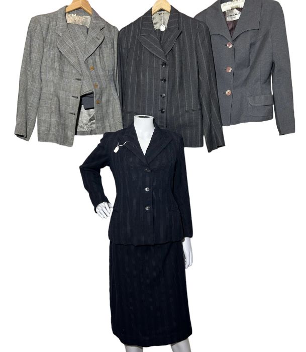 1940s suits to include 3 wartime suits made from men's suiting fabric, and one late 40s/early 50s in