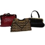 Three quality vintage bags to include a red leather bag with faux tortoisshell frame and leather
