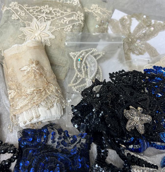 Vintage and antique haberdashery to include sequinned 1920s dress remnants, an ottoman modesty panel - Image 2 of 3