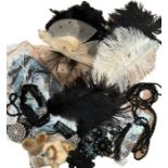 6 1920s style feather headbands, two feather fascinators and a bag of vintage costume jewellery (