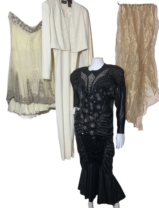 1980s /90s evening and formal wear to include an ivory dress suit in moss crepe by Liz Claiborne