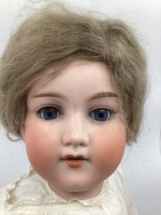 LARGE ANTIQUE GERMAN BISQUE HEAD DOLL 390 A12M with good bisque head, original light ash mohair