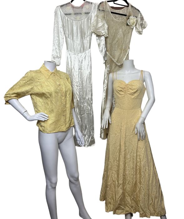 A 1930s/40s  wedding dress with sequined tulle yoke, a cream 1930s evening gown or wedding dress