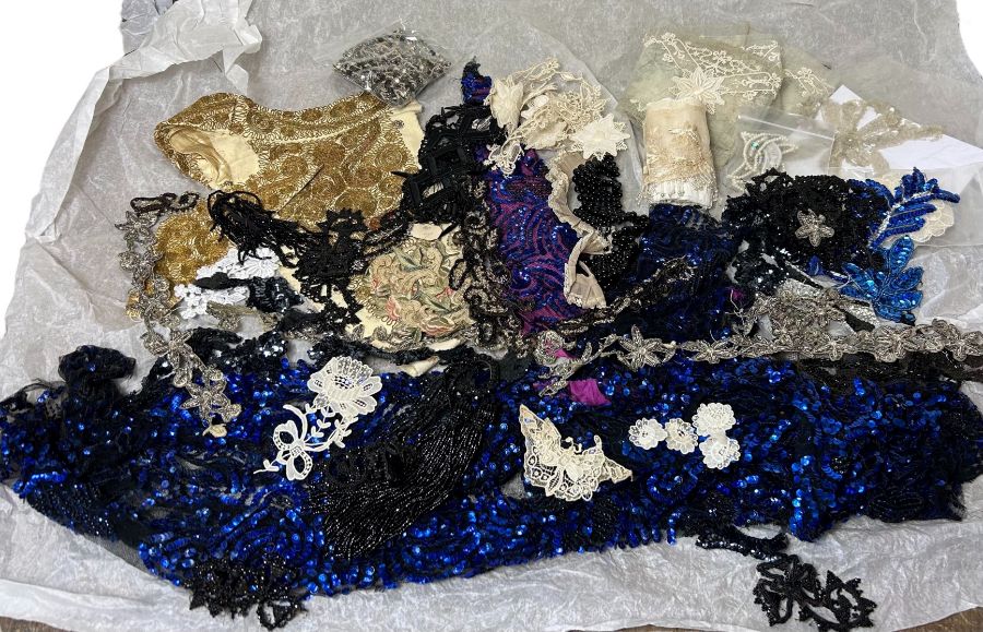 Vintage and antique haberdashery to include sequinned 1920s dress remnants, an ottoman modesty panel