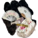 Two 19th century feather fans, Chinese, a large feather collar or boa, early 20th century and others