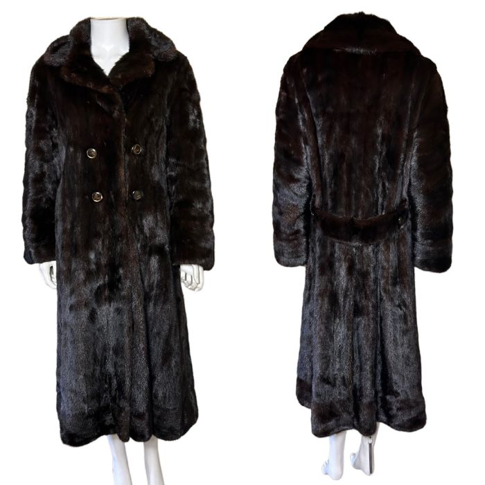 A vintage 1970s mahogany mink belt back coat, Saga selected Scandinavian fur. Internal swing ties
