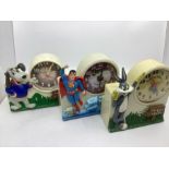 1974 Janex true vintage Novelty toy clocks,Pound Puppy clock .superman toy clock and Bugs Bunny