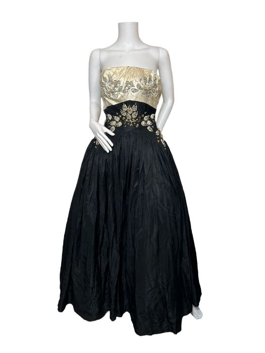 2 early Frank Usher evening gown c1940s. One in the Dior New Look style with tightly fitted,