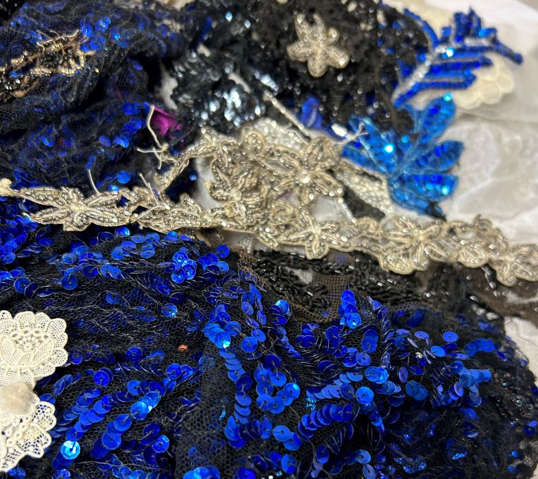 Vintage and antique haberdashery to include sequinned 1920s dress remnants, an ottoman modesty panel - Image 3 of 3