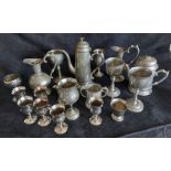 A box of pewter and plate, ( 20 ) tallest item the pewter Coffee pot stands 27cm high, Condition: