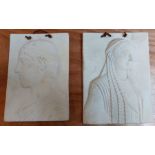 A pair of modern Alabaster type oblong wall plaques, a male and female in Greek national costume,