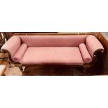 A William IV mahogany sofa, circa 1835, scrolling arms, later stuffed and upholstery in the back and