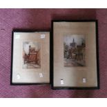 Pair of riverscene watercolours signed R Wilding ERA 03 Pair of street scene prints Early 20thC