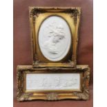 2 reconstituted marble relief plaques, one depicting a ladies profile with a large coin set in the