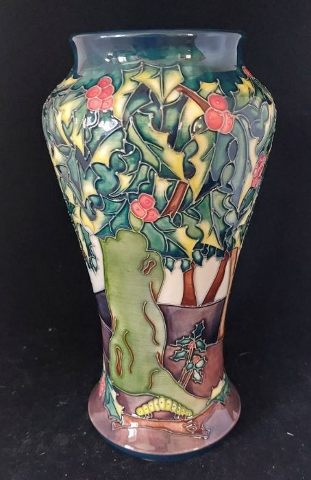 A modern Moorcroft "Holly Hatch" pattern baluster vase, impressed marks and WM and c97 in script, - Image 2 of 4
